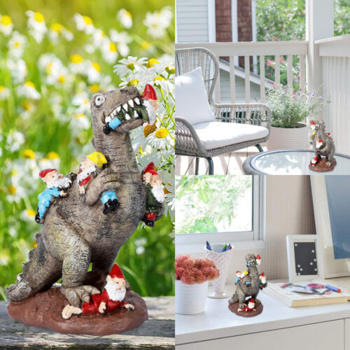 Dinosaur Eating Gnomes Statue Yard Art Resin Outdoor Garden Patio Decor Ornament