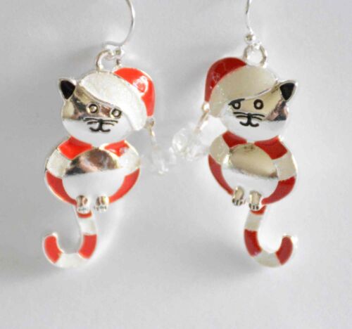 Santa Cat / Candy Cane Christmas Fish Hook Earrings / Silver-tone / Cat Jewelry