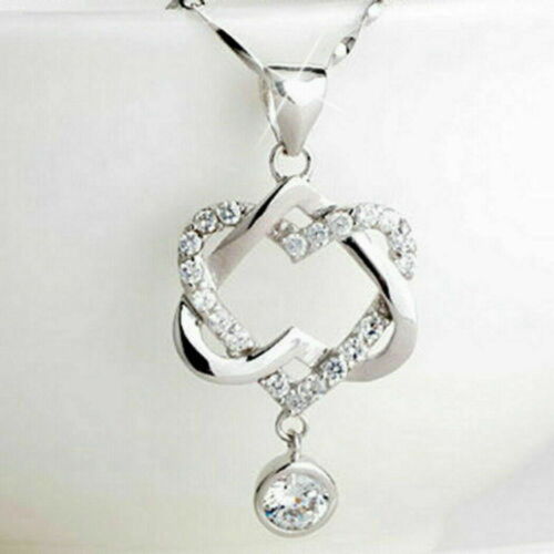 Gorgeous 925 Silver Necklace Pendant Women Cubic Zircon Jewelry Double Heart USA