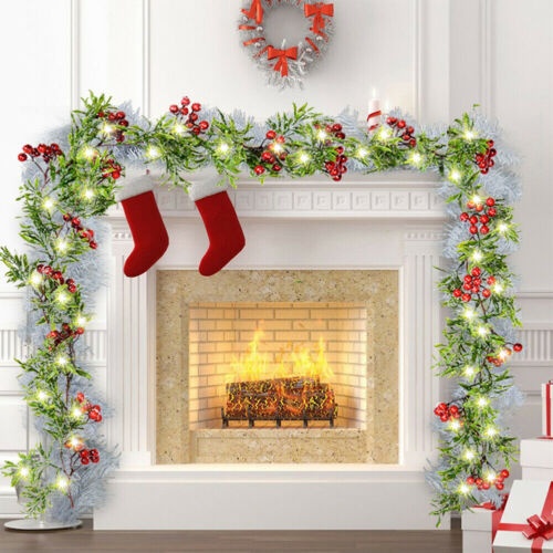 Pre Lit Artificial Christmas Wreath Garland with Lights Red Berries Xmas Decor