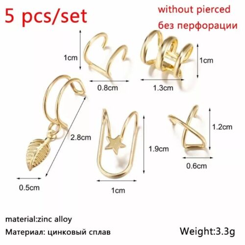 5pc Gold Silver Color Metal Ear Cuff Non-Piercing Ear Clips Earrings Jewelry