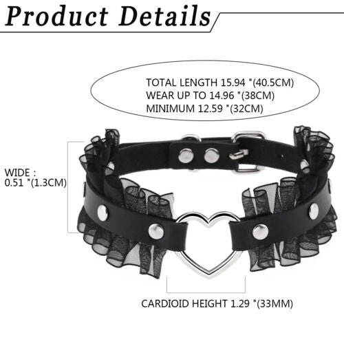 Women Gothic Punk Heart Lace Leather O-Ring Choker Collar Necklace