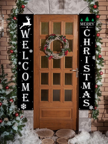 2 Pieces Welcome Christmas Banners Christmas Hanging Porch Sign Black Color