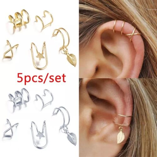 5pc Gold Silver Color Metal Ear Cuff Non-Piercing Ear Clips Earrings Jewelry