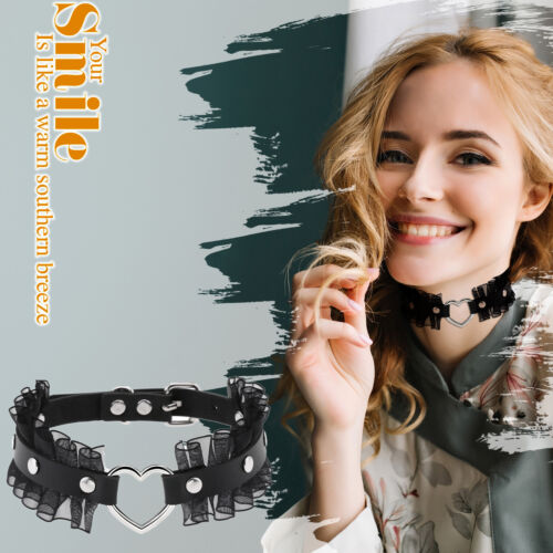 Women Gothic Punk Heart Lace Leather O-Ring Choker Collar Necklace