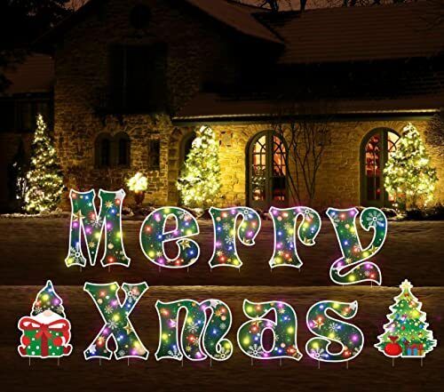 Christmas Light Outdoor Decorations - 11Pcs Merry Xmas Yard Signs with Stakes