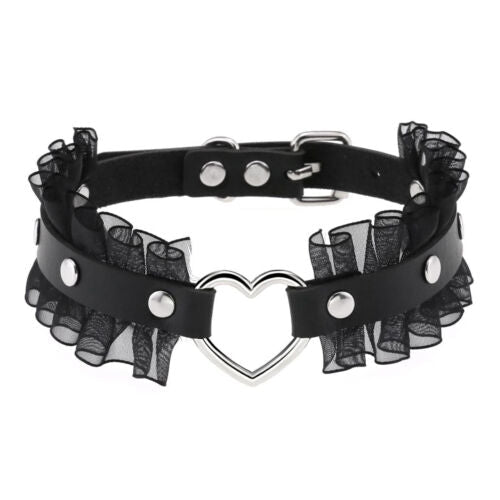 Women Gothic Punk Heart Lace Leather O-Ring Choker Collar Necklace