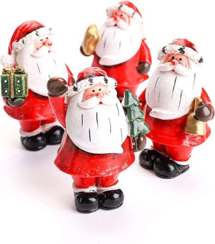 4 Pack Mini Santa Christmas Figurines, Resin Classic Santa with Christmas Tree & Gifts for Tabletop