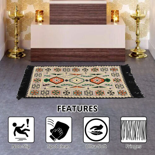 Beige Rug Non Slip Tassels Durable Polyester Polypropylene Cotton