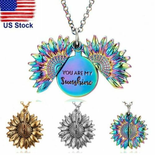 "You Are My Sunshine"Boho Open Sunflower Pendant Necklace Locket Women Jewelry