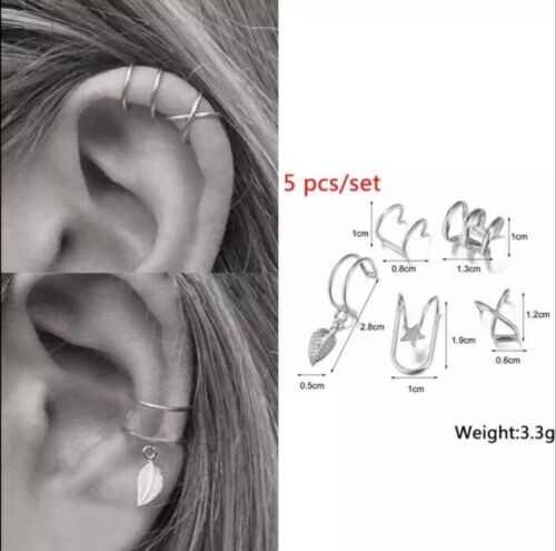 5pc Gold Silver Color Metal Ear Cuff Non-Piercing Ear Clips Earrings Jewelry