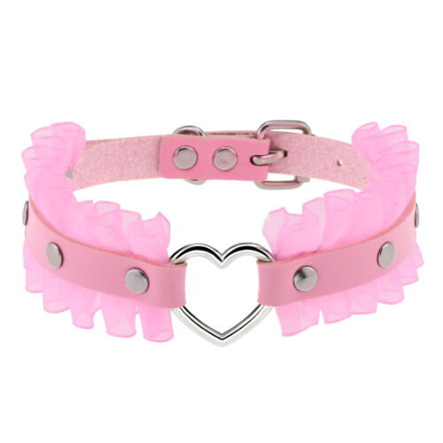 Women Gothic Punk Heart Lace Leather O-Ring Choker Collar Necklace