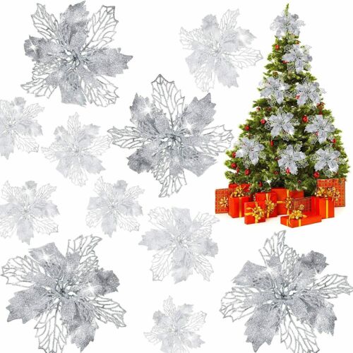 10Pcs Glitter Christmas Poinsettia Hanging Flowers Xmas Party Tree Decoration 5"