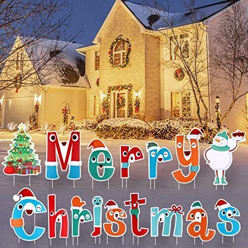 16 Pcs Merry Christmas Yard Signs, Outdoor Lawn Yard Signs with 32 Pcs