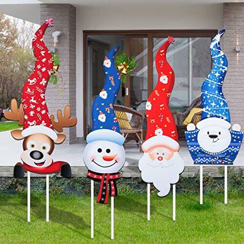 4 Pieces Outdoor Christmas Yard Signs Xmas Yard Lawn Sign Snowman Santa Claus