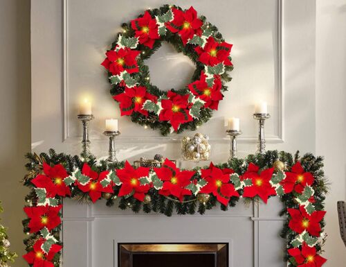 Pre-Lit Christmas Garland with lights Red Berries Leaves Christmas Decorations