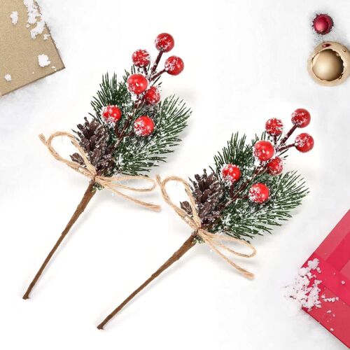 10× Artificial Flower Christmas Red Berry Pine Cone & Holly Branch Floral Decor