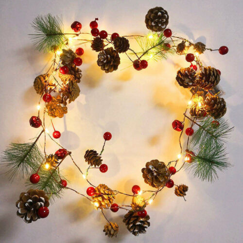 7ft Christmas Decorations Garland Berry Pine Cone Tree Fairy String Lights Decor