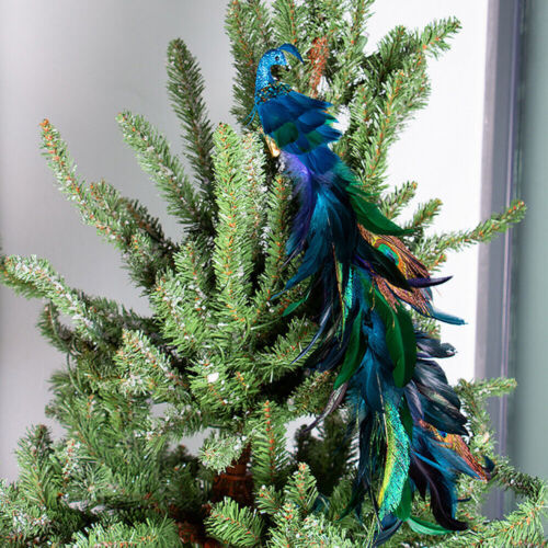 19" Peacock Christmas Ornament Glittered Bird with Feather Xmas Tree Decoration