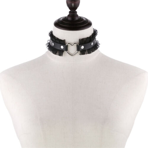 Women Gothic Punk Heart Lace Leather O-Ring Choker Collar Necklace
