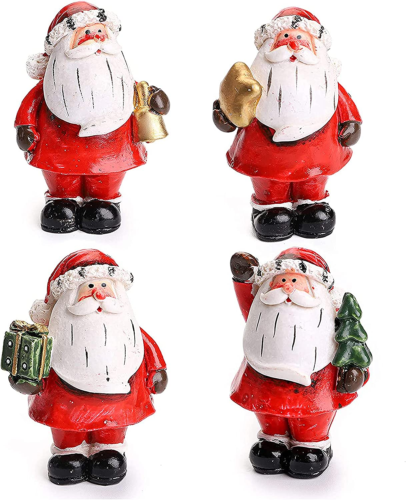 4 Pack Mini Santa Christmas Figurines, Resin Classic Santa with Christmas Tree & Gifts for Tabletop