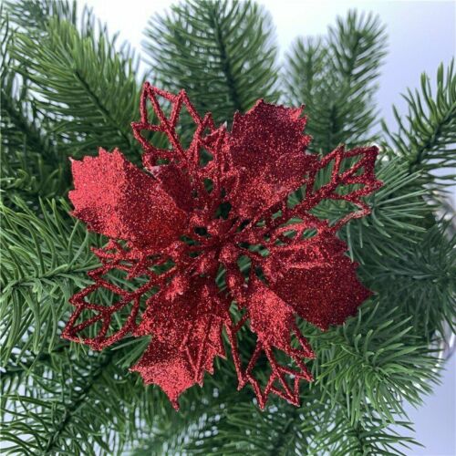 10Pcs Glitter Christmas Poinsettia Hanging Flowers Xmas Party Tree Decoration 5"