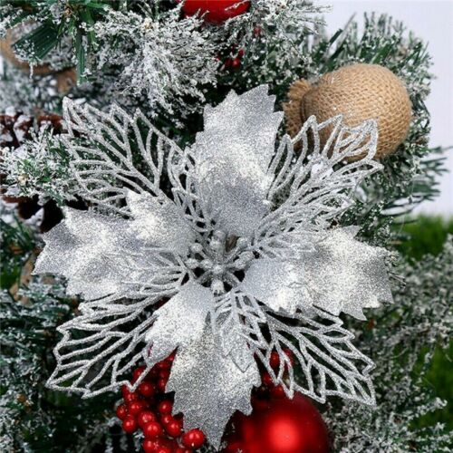 10Pcs Glitter Christmas Poinsettia Hanging Flowers Xmas Party Tree Decoration 5"