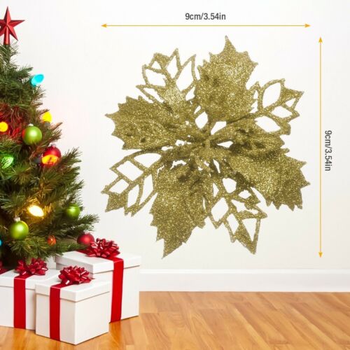 10Pcs Glitter Christmas Poinsettia Hanging Flowers Xmas Party Tree Decoration 5"