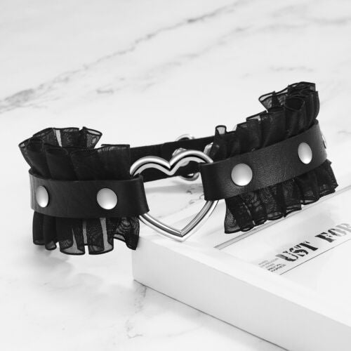 Women Gothic Punk Heart Lace Leather O-Ring Choker Collar Necklace