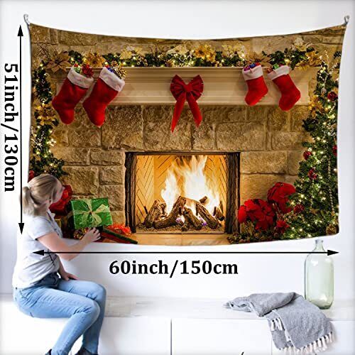 Merry Christmas TapestryWall TapestryFireplace Christmas Tree with Christmas