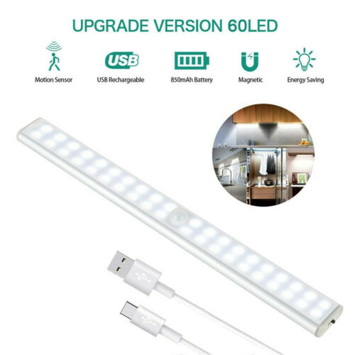 60 LED Motion Sensor Under Cabinet Closet Light USB Rechargeable Kitchen Lamp