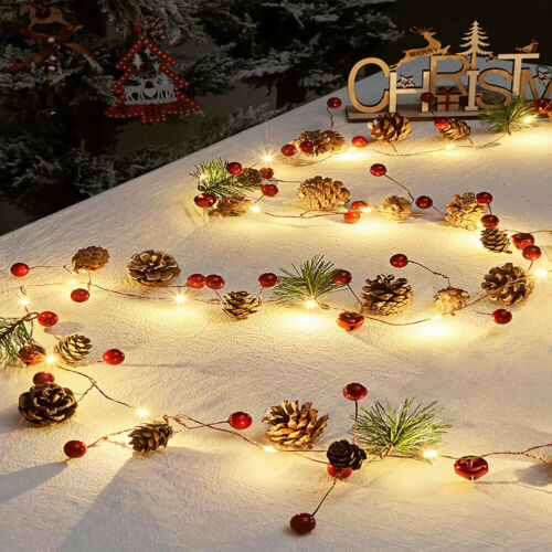 7ft Pre Lit Christmas Garland LED String Lights Pine Cones Fireplace Decoration