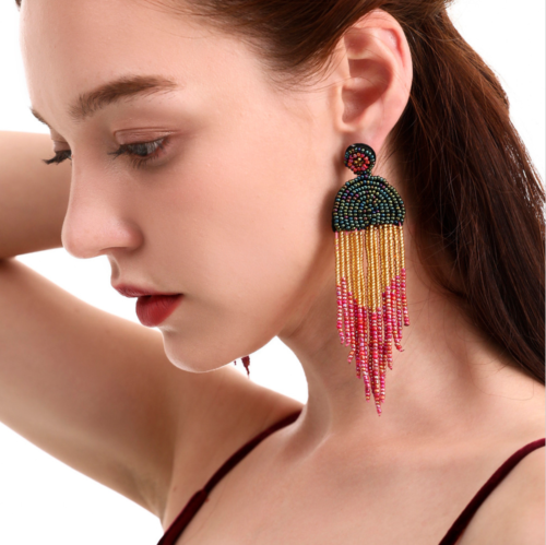 Bohemian Seed Beads Tassel Fringe Drop Earrings Handmade Ethnic Jewelry