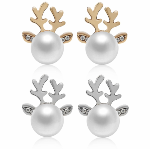 Women Fashion Jewelry Christmas Reindeer Rhinestone Pearl Earrings