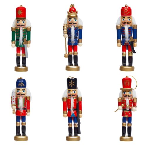 6 Pack Wood Nutcracker Ornaments for Christmas Tree in 6 Designs, 1 x 5 Inch