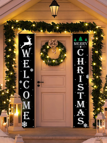 2 Pieces Welcome Christmas Banners Christmas Hanging Porch Sign Black Color