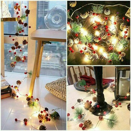 7ft Pre Lit Christmas Garland LED String Lights Pine Cones Fireplace Decoration