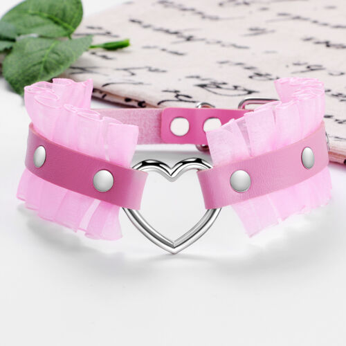 Women Gothic Punk Heart Lace Leather O-Ring Choker Collar Necklace
