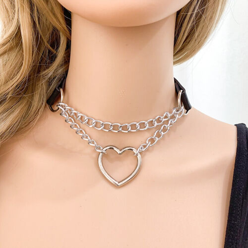 Leather Choker Necklace Adjustable Heart Chain Neck Collar Goth Punk Jewelry