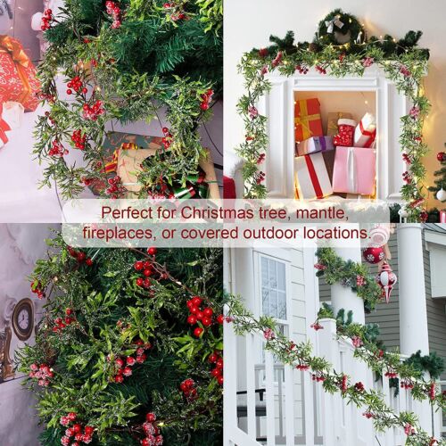 Pre Lit Artificial Christmas Wreath Garland with Lights Red Berries Xmas Decor