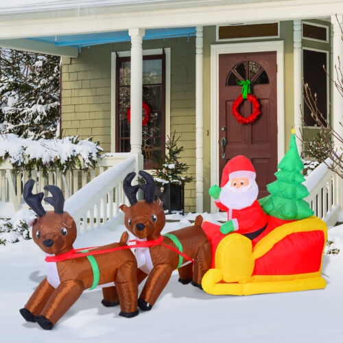 7' Self Inflating Santa Claus w/Sleigh & Reindeer Scene, Hardware Included, 120V