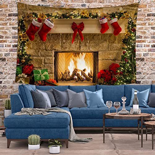 Merry Christmas TapestryWall TapestryFireplace Christmas Tree with Christmas