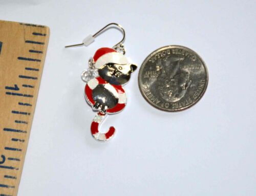 Santa Cat / Candy Cane Christmas Fish Hook Earrings / Silver-tone / Cat Jewelry