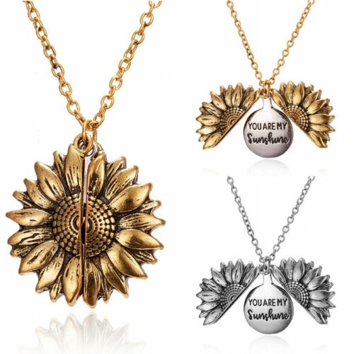 "You Are My Sunshine"Boho Open Sunflower Pendant Necklace Locket Women Jewelry