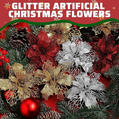 10Pcs Glitter Christmas Poinsettia Hanging Flowers Xmas Party Tree Decoration 5"