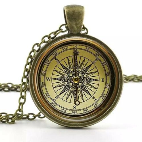 Old Fashion Vintage Compass Pendant Chain Necklace Antique Style Jewelry Bronze