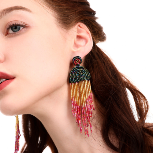 Bohemian Seed Beads Tassel Fringe Drop Earrings Handmade Ethnic Jewelry